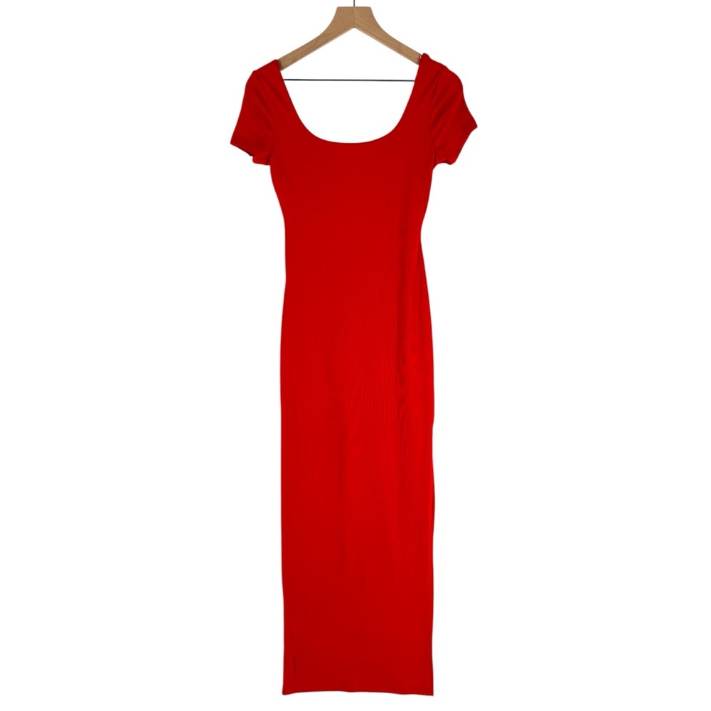 Haute Monde Red Stretch Ribbed Jersey Knit Side Slit Bodycon Scoop Maxi Dress S